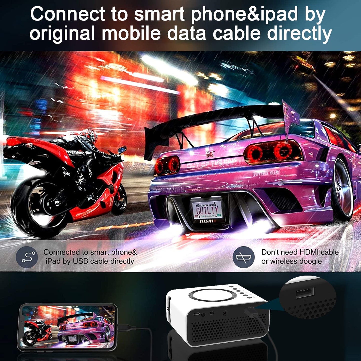 YT300 mobile projector with white body shown beside smartphone displaying race scene on Tampa Home & Garden Store