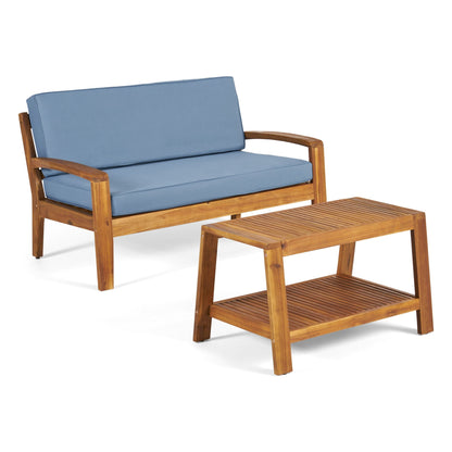 2-Piece Outdoor Conversation Set with blue cushioned loveseat and coffee table, wood frame on Tampa Home & Garden Store