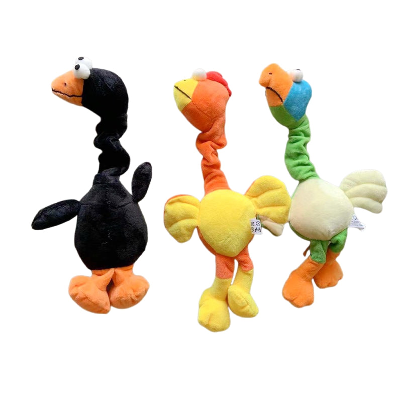 Plush squeaky dog toy set of three long-neck birds in black, orange-yellow, and green on Tampa Home & Garden Store