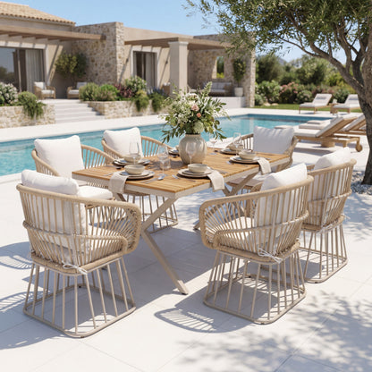 Outdoor 7-piece dining set with rectangular teak table and six beige wicker chairs on Tampa Home & Garden Store