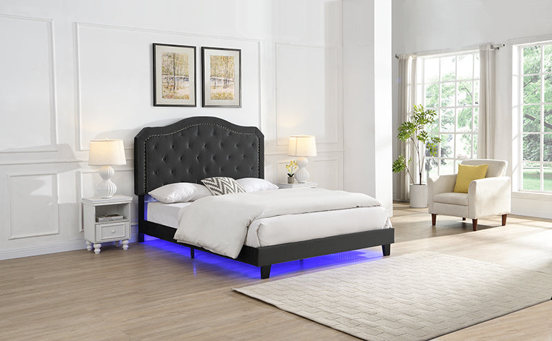 Queen Upholstered Bed Button Tufted with Curve Design in black fabric by HouseOfZazla on Tampa Home & Garden Store
