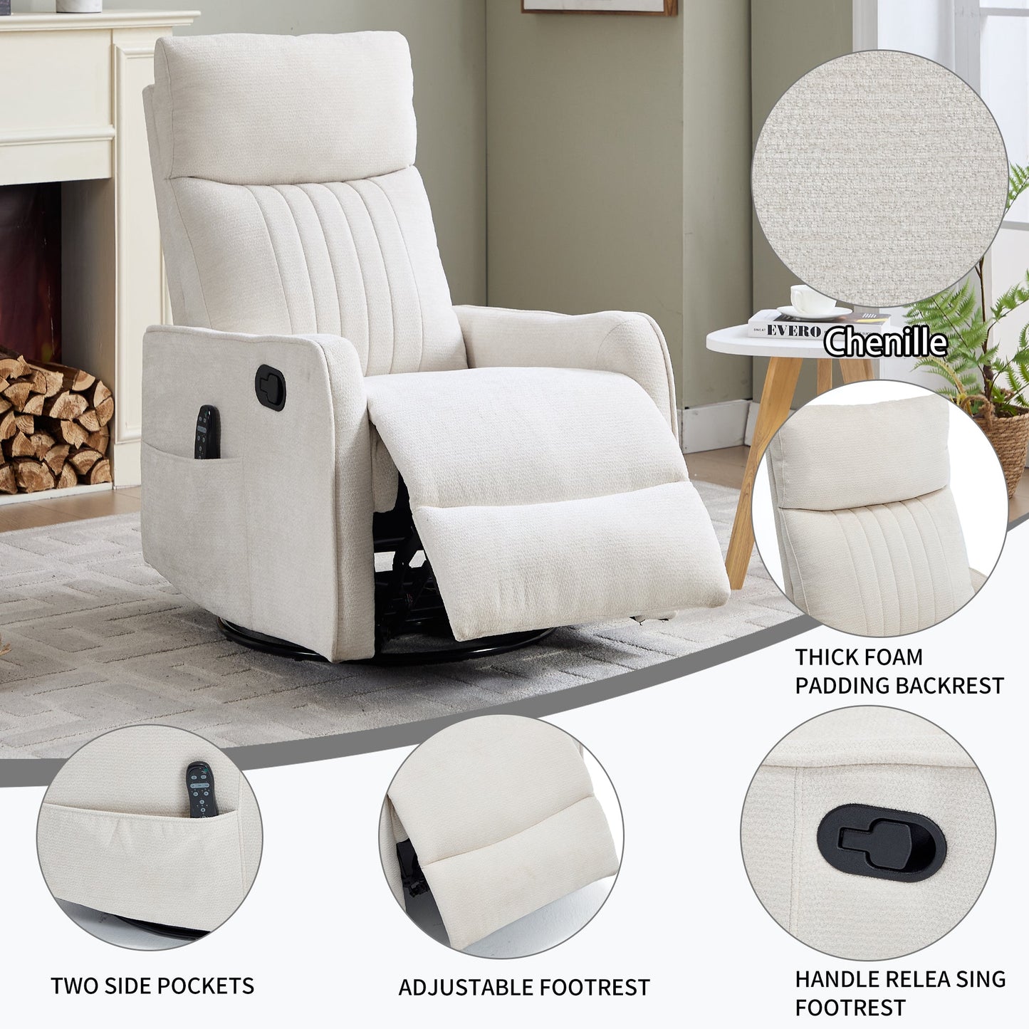 Beige heat massage manual recliner chair with rocker and swivel, remote in side pocket on Tampa Home & Garden Store