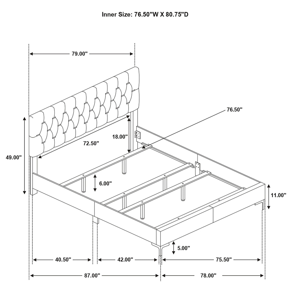 James - Panel Bed, tufted upholstered headboard, HouseOfZazla, schematic 76.5W x 80.75D on Tampa Home & Garden Store