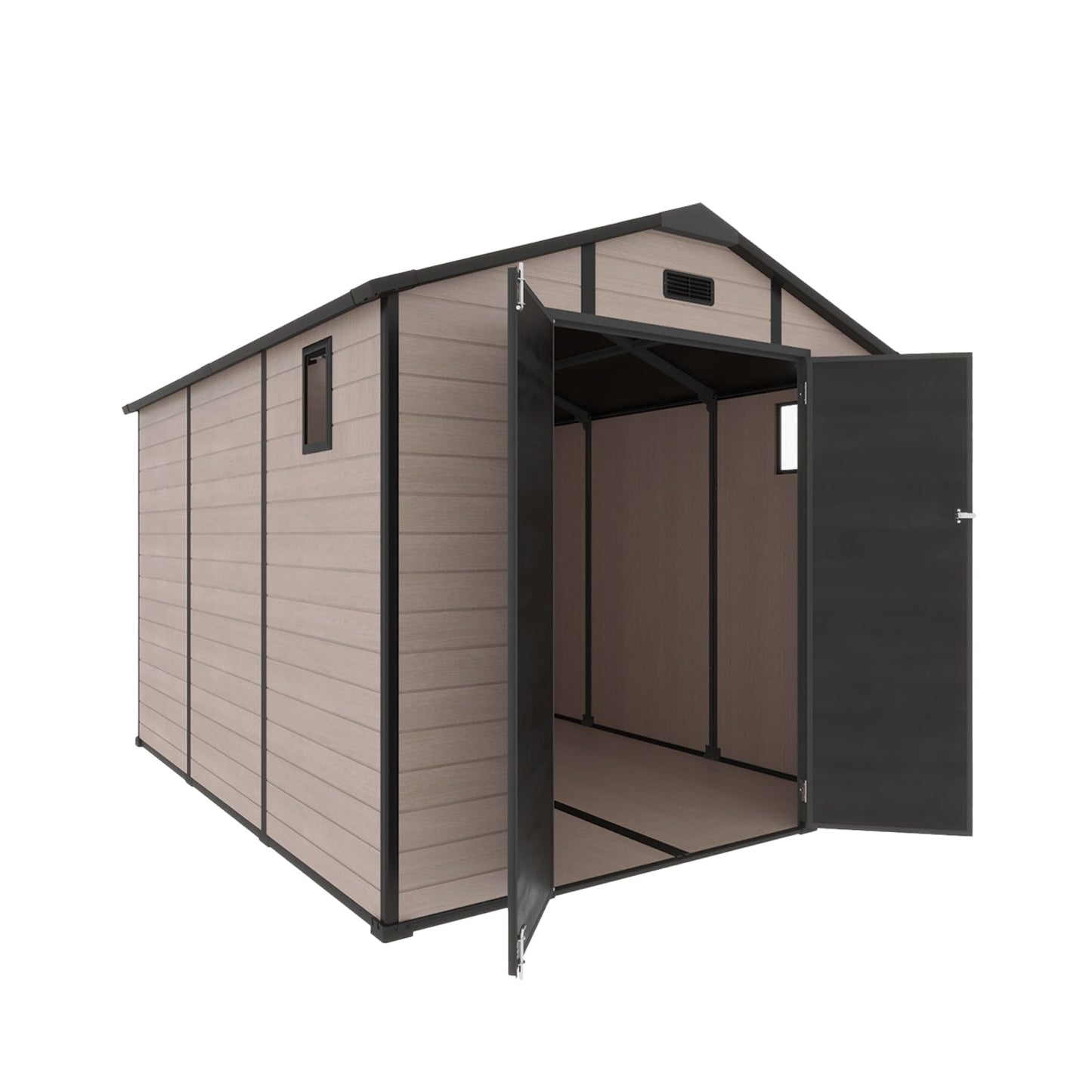 8x10 ft plastic resin storage shed beige panels with black frame and lockable doors on Tampa Home & Garden Store