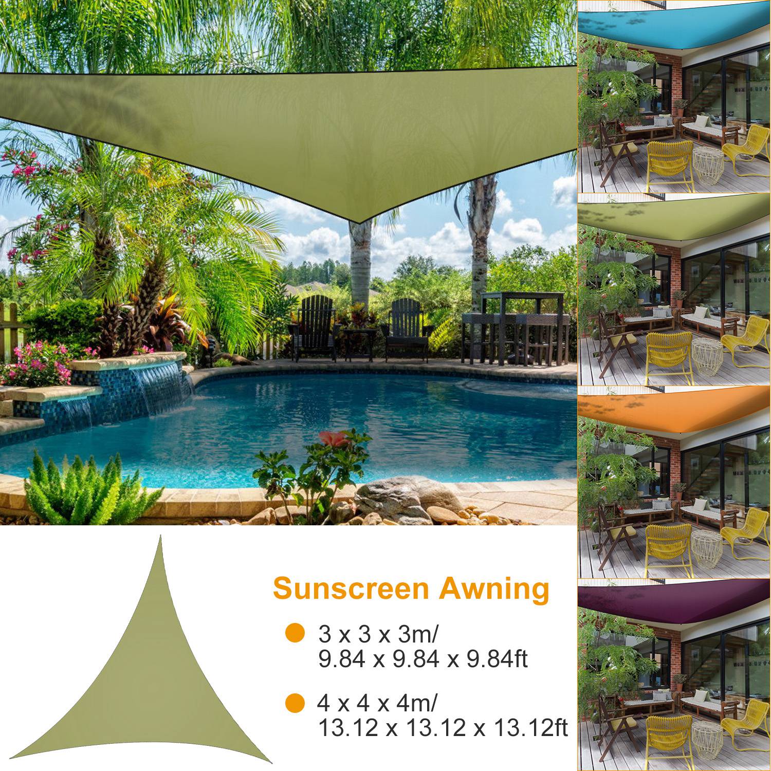Shade sail GemGear olive green triangular canopy over pool with palm trees and seating on Tampa Home & Garden Store