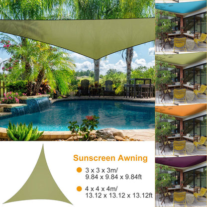 Shade sail GemGear olive green triangular canopy over pool with palm trees and seating on Tampa Home & Garden Store