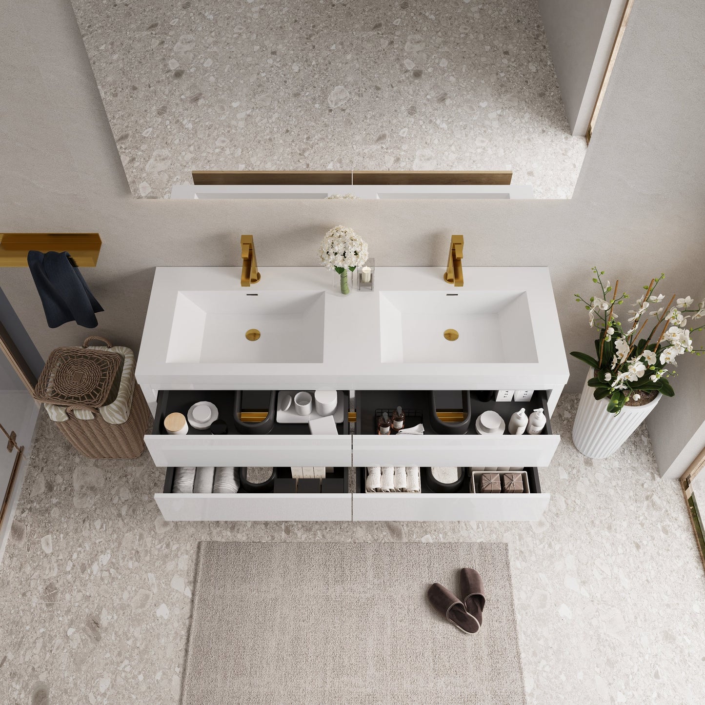 60in HouseOfZazla vanity with sinks, white top, gold fixtures, floating storage drawers on Tampa Home & Garden Store
