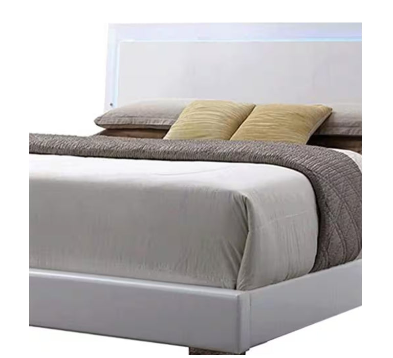 Lorimar White Faux Leather Panel Bed with white upholstered headboard low-profile frame on Tampa Home & Garden Store