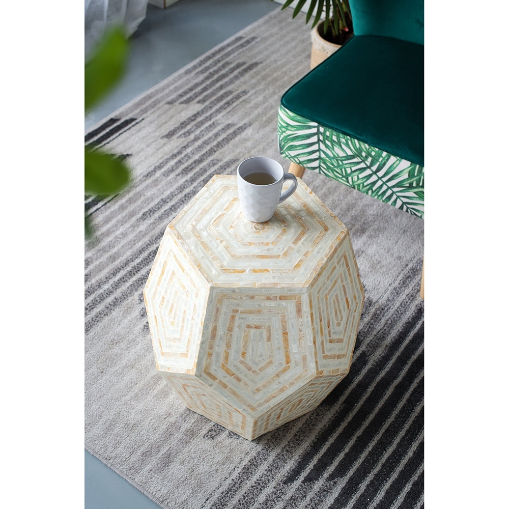 Hexagonal capiz end table in cream yellow with geometric shell pattern on Tampa Home & Garden Store
