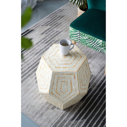 Hexagonal capiz end table in cream yellow with geometric shell pattern on Tampa Home & Garden Store