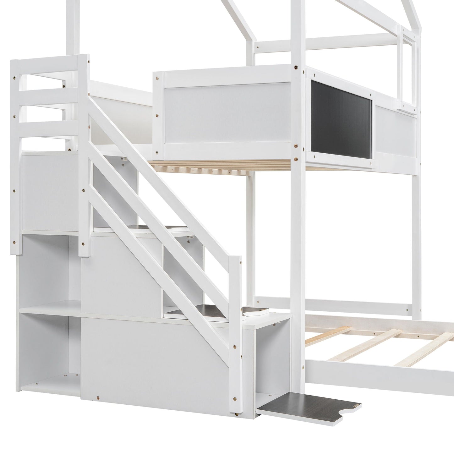 House Style bunk bed with storage staircase and chalkboard panel, white finish, by HouseOfZazla on Tampa Home & Garden Store