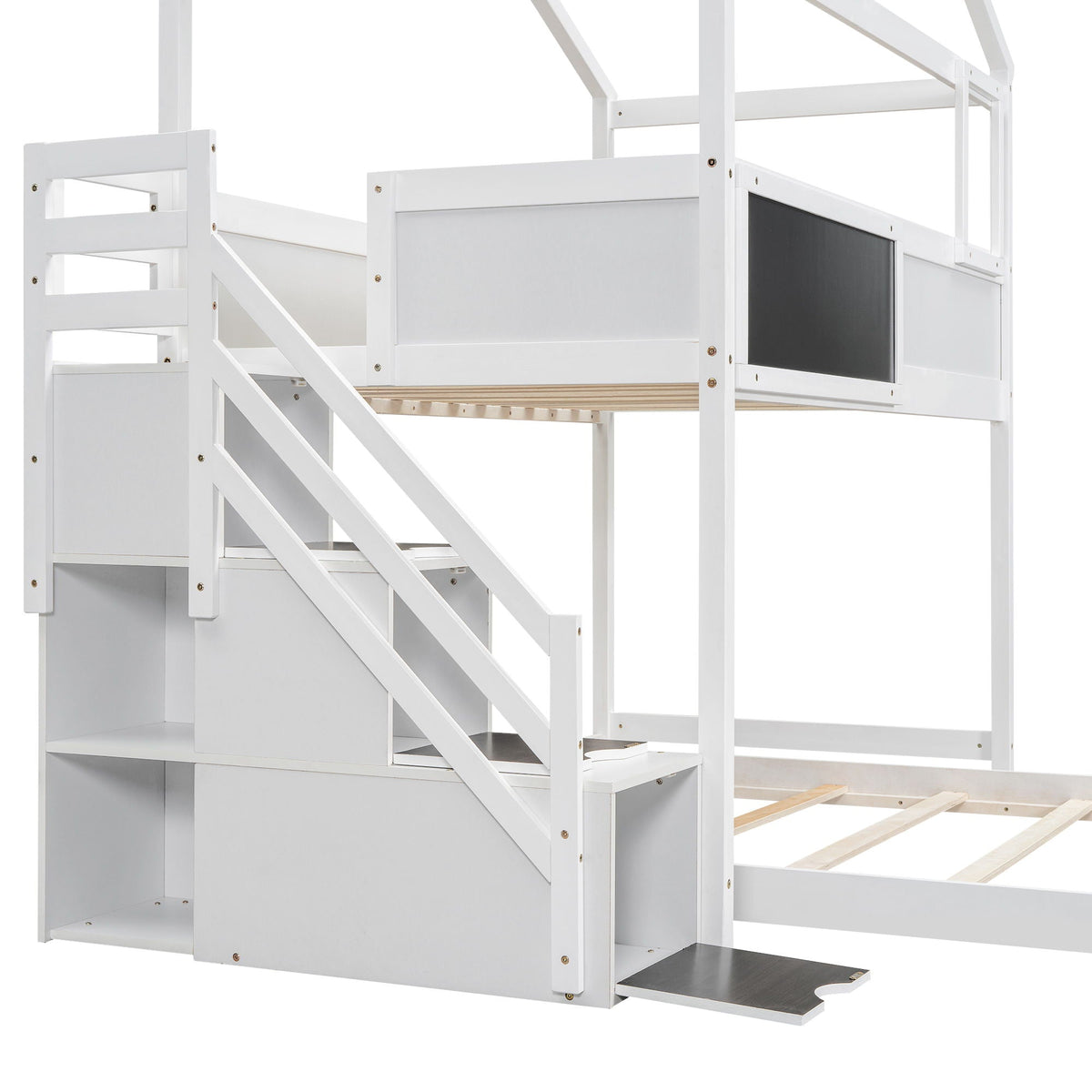 House Style bunk bed with storage staircase and chalkboard panel, white finish, by HouseOfZazla on Tampa Home & Garden Store