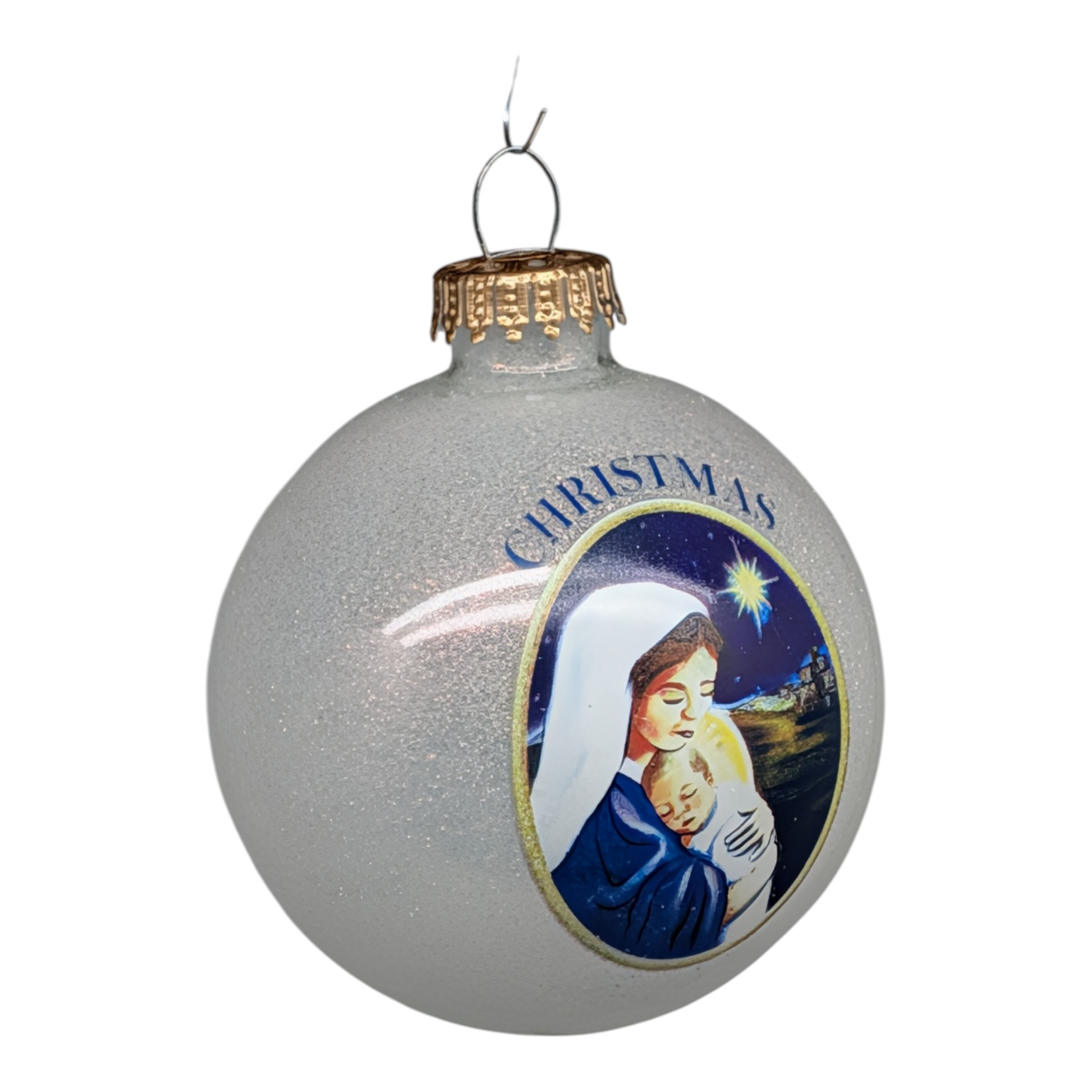 Mother and Child Nativity Glass Ball Ornament with gray finish and gold cap on Tampa Home & Garden Store