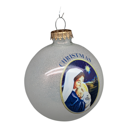 Mother and Child Nativity Glass Ball Ornament with gray finish and gold cap on Tampa Home & Garden Store
