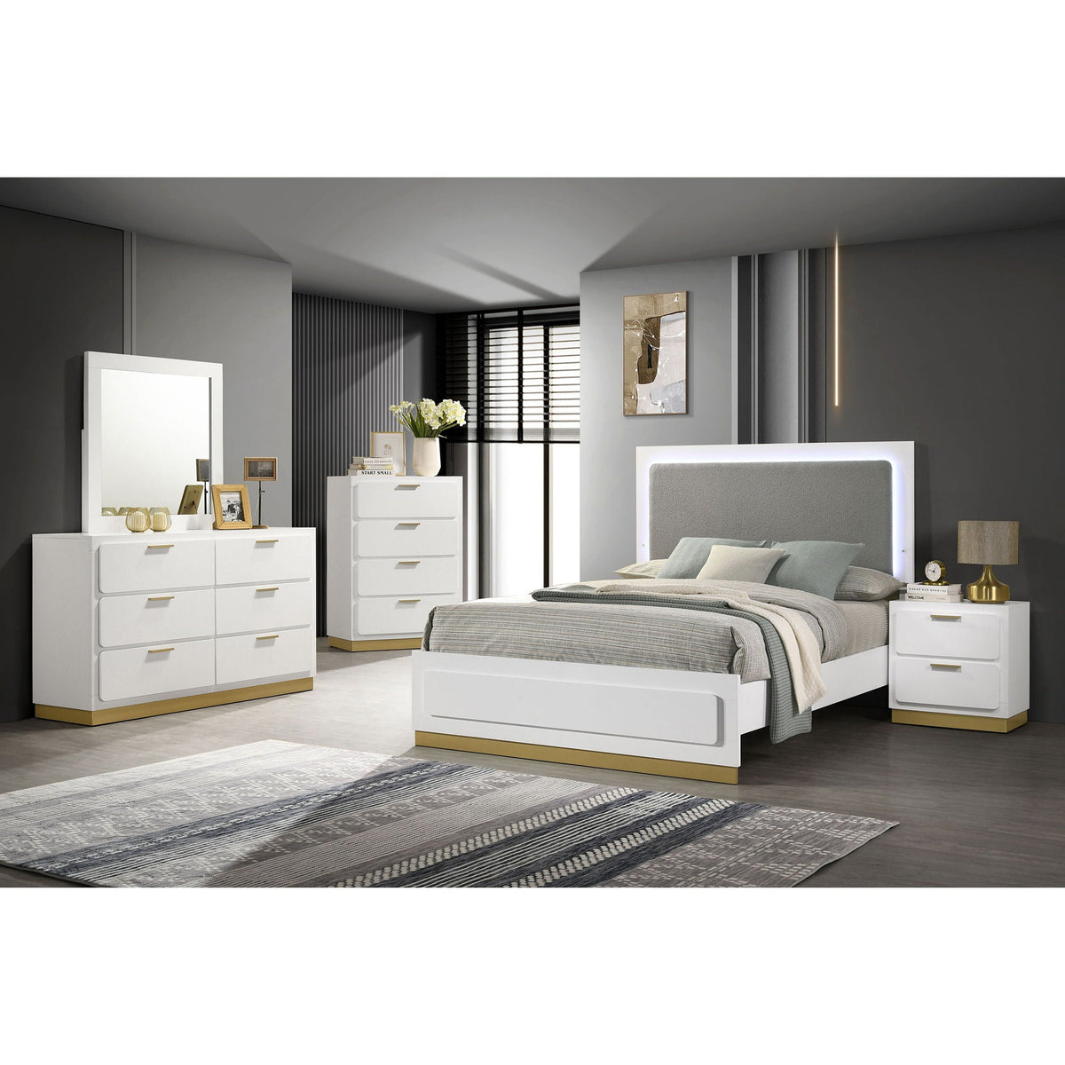 Sophia Panel Bed with LED Headboard in white finish with gold-trim base in a modern gray bedroom on Tampa Home & Garden Store