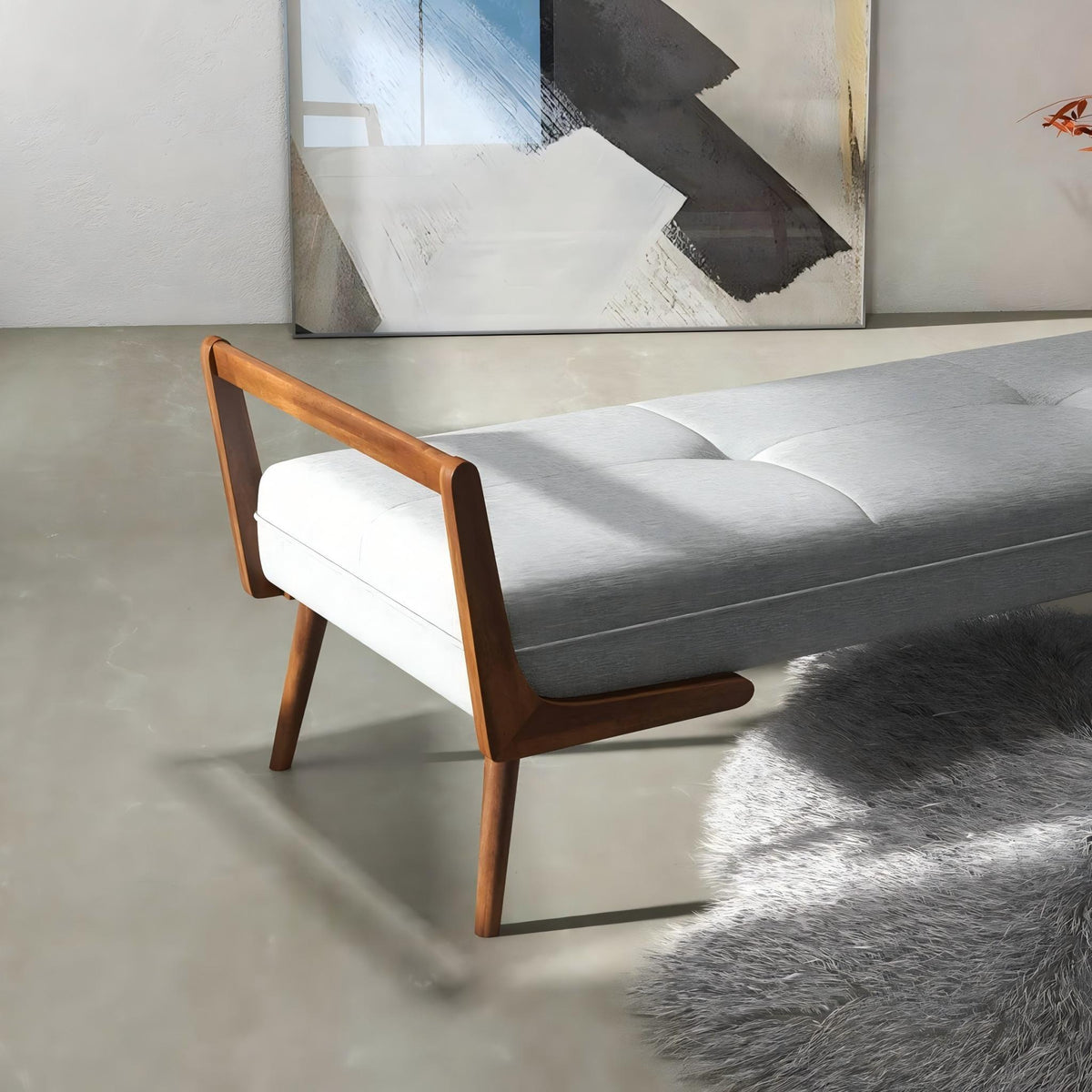 Gray upholstered bench with wooden legs, 51.2 inches wide on Tampa Home & Garden Store