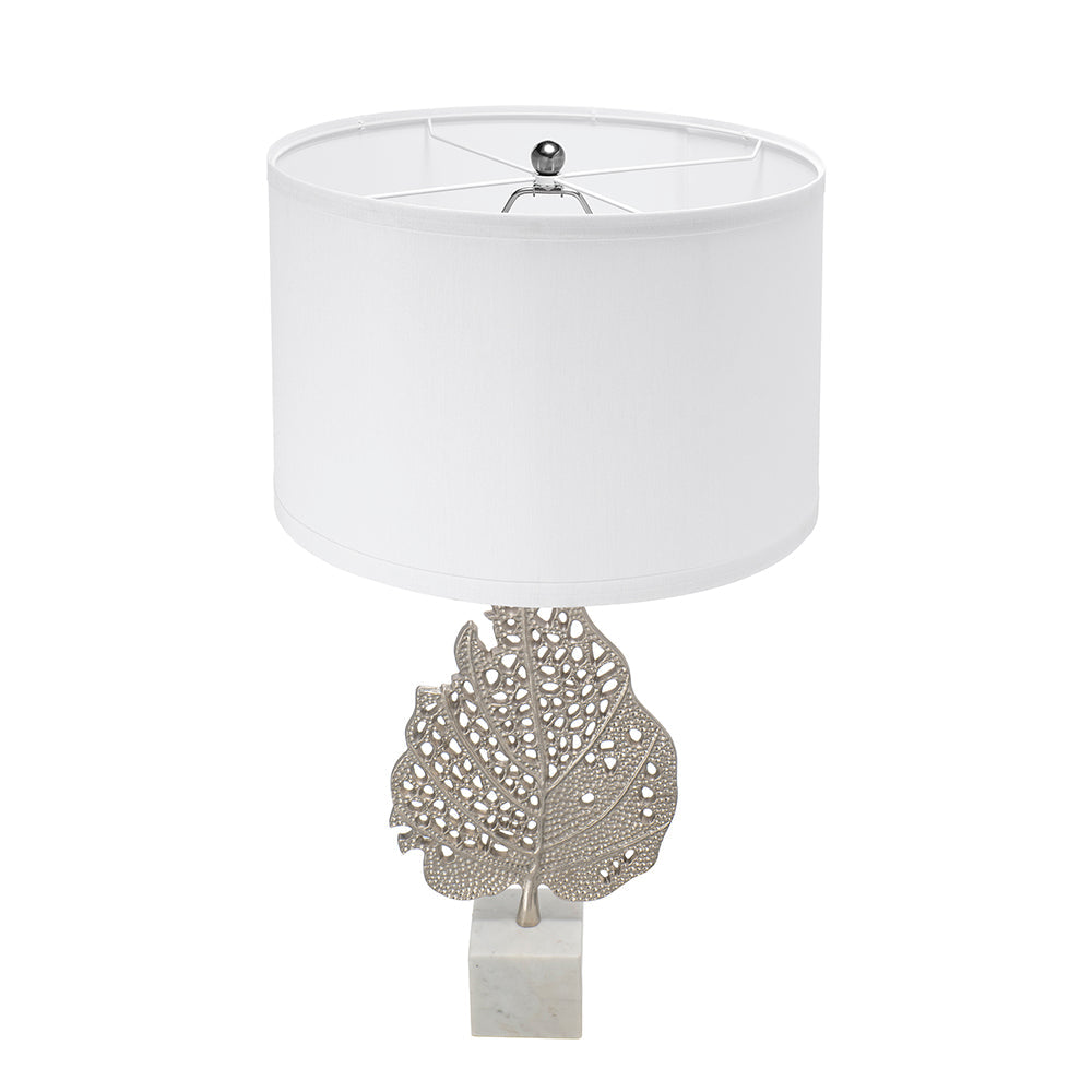 Table lamp D15x29.3in with white shade and perforated leaf base on marble on Tampa Home & Garden Store