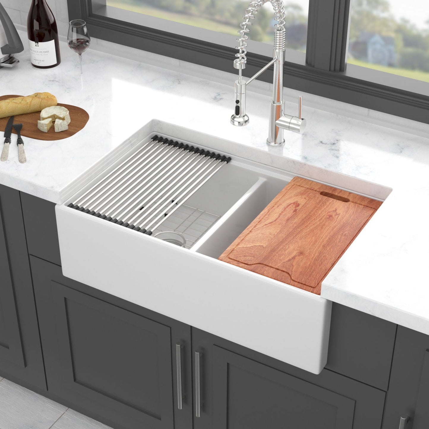 White Ceramic Farmhouse Sink And Double Bowl Set