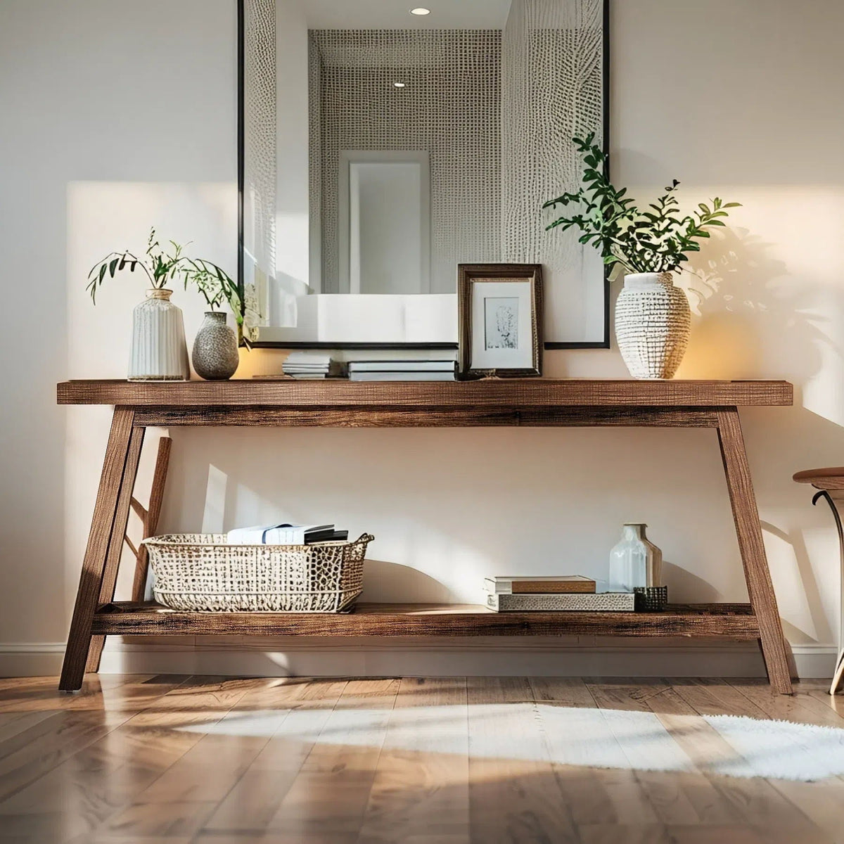 Farmhouse Brown Console Table With Open Storage