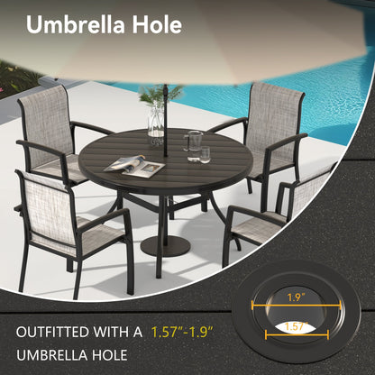 5-piece outdoor dining set with round table and gray metal stackable chairs by HouseOfZazla on Tampa Home & Garden Store