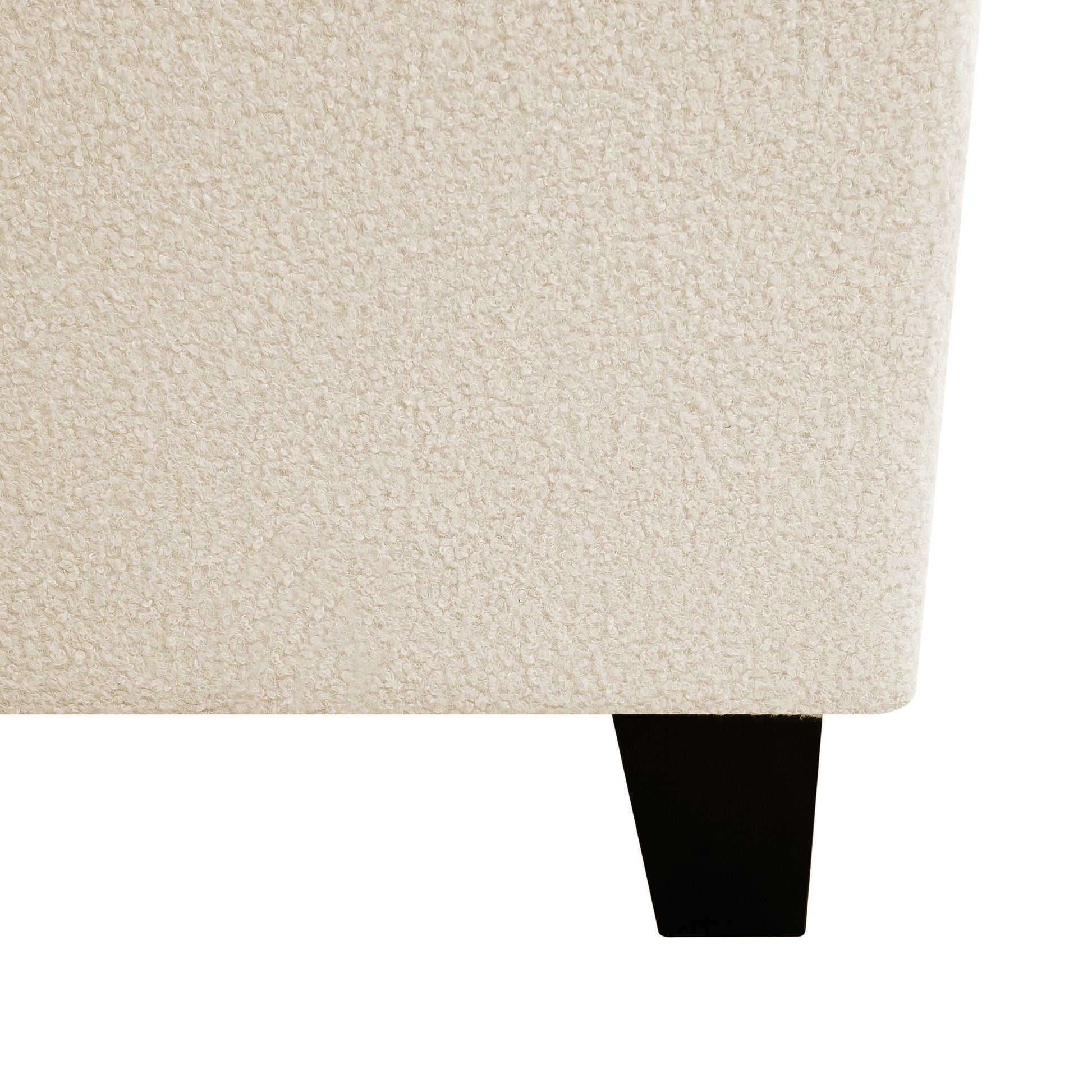 King size bed frame with teddy velvet headboard in beige plush upholstery dark wood leg on Tampa Home & Garden Store