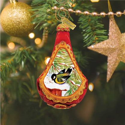 Ornament G. DeBrekht goldfinch sculpted hand-painted, red teardrop with gold frame and scenery on Tampa Home & Garden Store