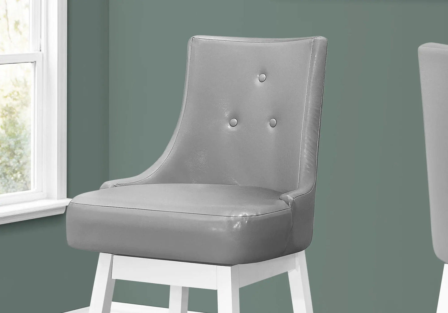 Swivel bar-height stools set of 2, grey upholstered with tufted backs and white legs on Tampa Home & Garden Store