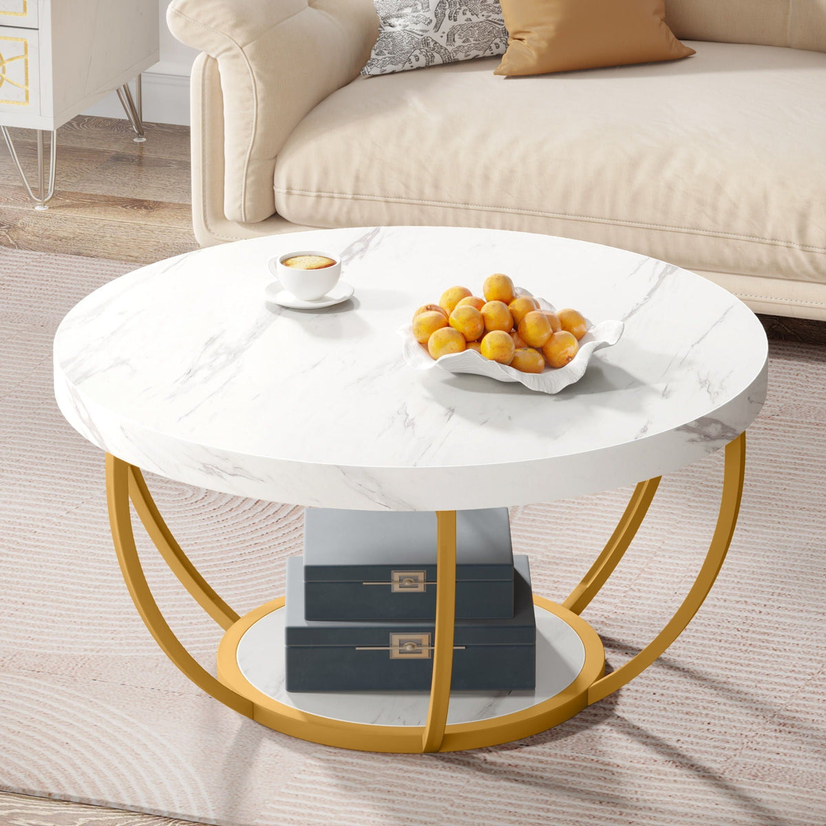 2 Tier Circle Coffee Table with Storage Shelves white marble top and gold circular legs on Tampa Home & Garden Store