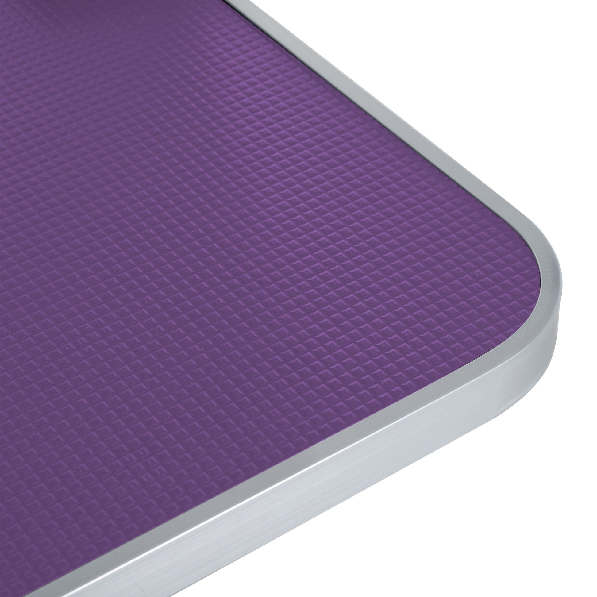 Folding dog grooming table with purple rubber mat and silver stainless steel frame on Tampa Home & Garden Store