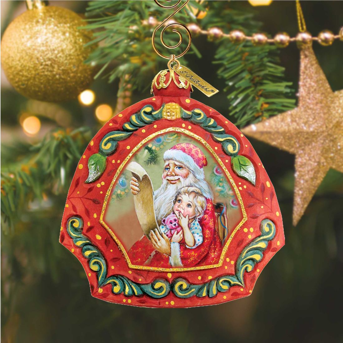 Santa List hand-painted ornament by G. DeBrekht, red arch frame, gold accents, Santa & child on Tampa Home & Garden Store