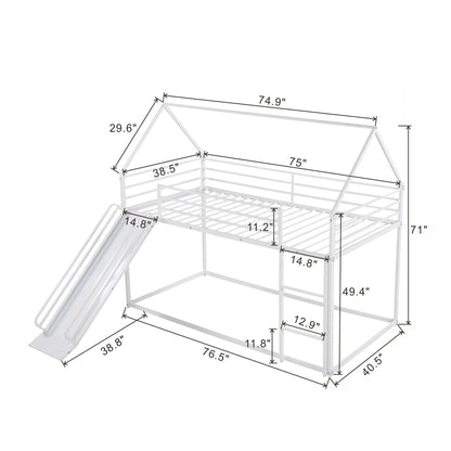 Twin Over Twin House Bunk Bed with Ladder and Slide white metal frame on Tampa Home & Garden Store