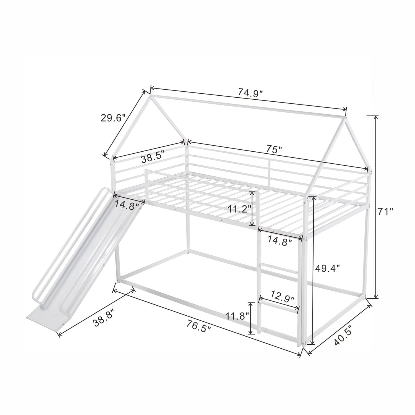 Twin over twin bunk bed with ladder and slide, white metal frame HouseOfZazla on Tampa Home & Garden Store
