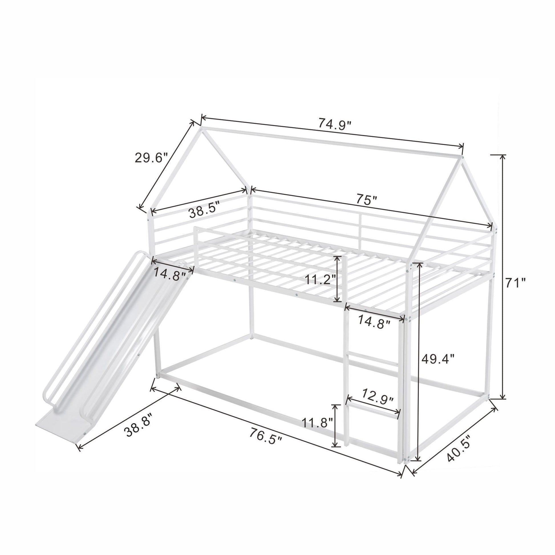 Twin over twin bunk bed with ladder and slide, white metal frame HouseOfZazla on Tampa Home & Garden Store