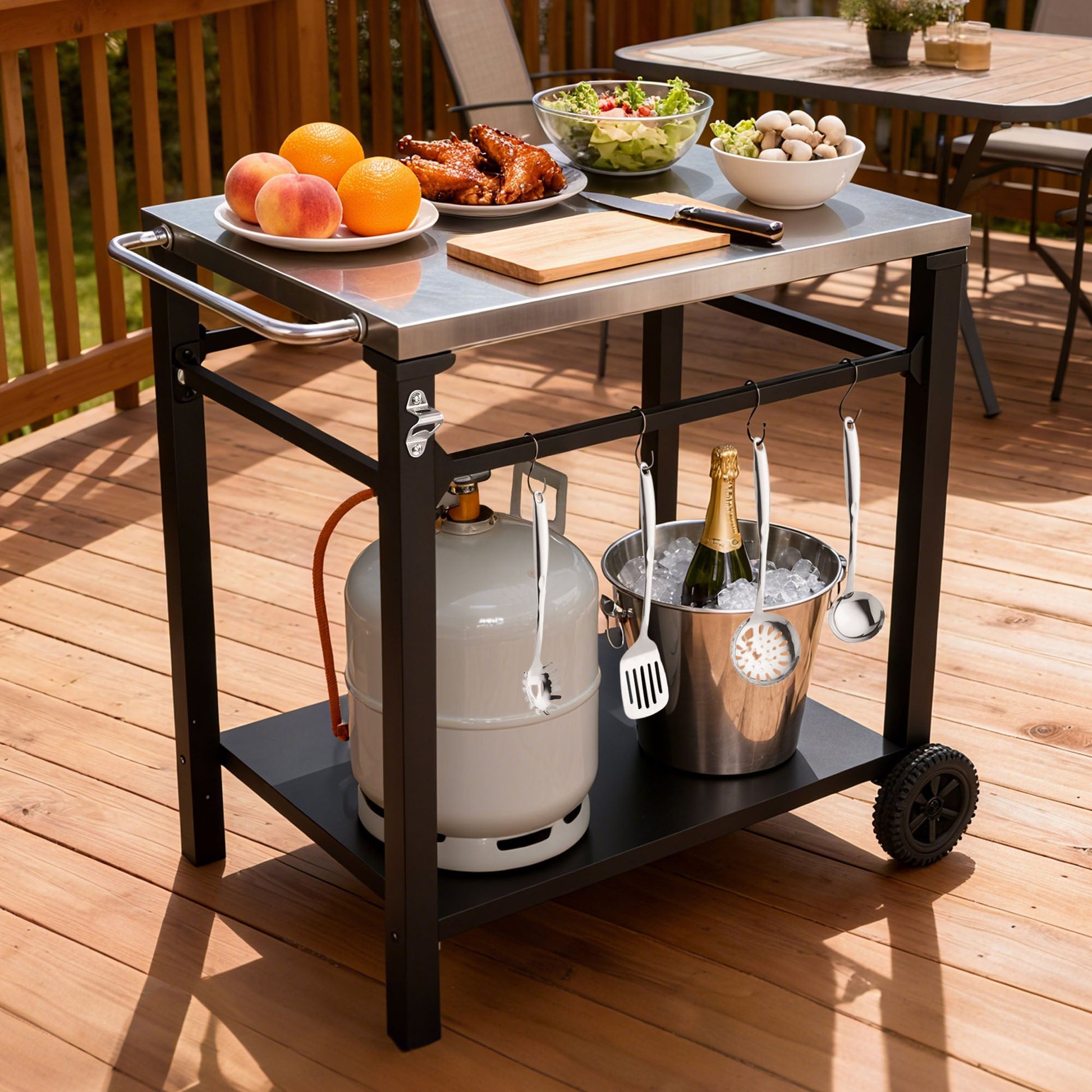2-Tier Outdoor Grill Cart HouseOfZazla stainless top black frame wheels propane tank on Tampa Home & Garden Store