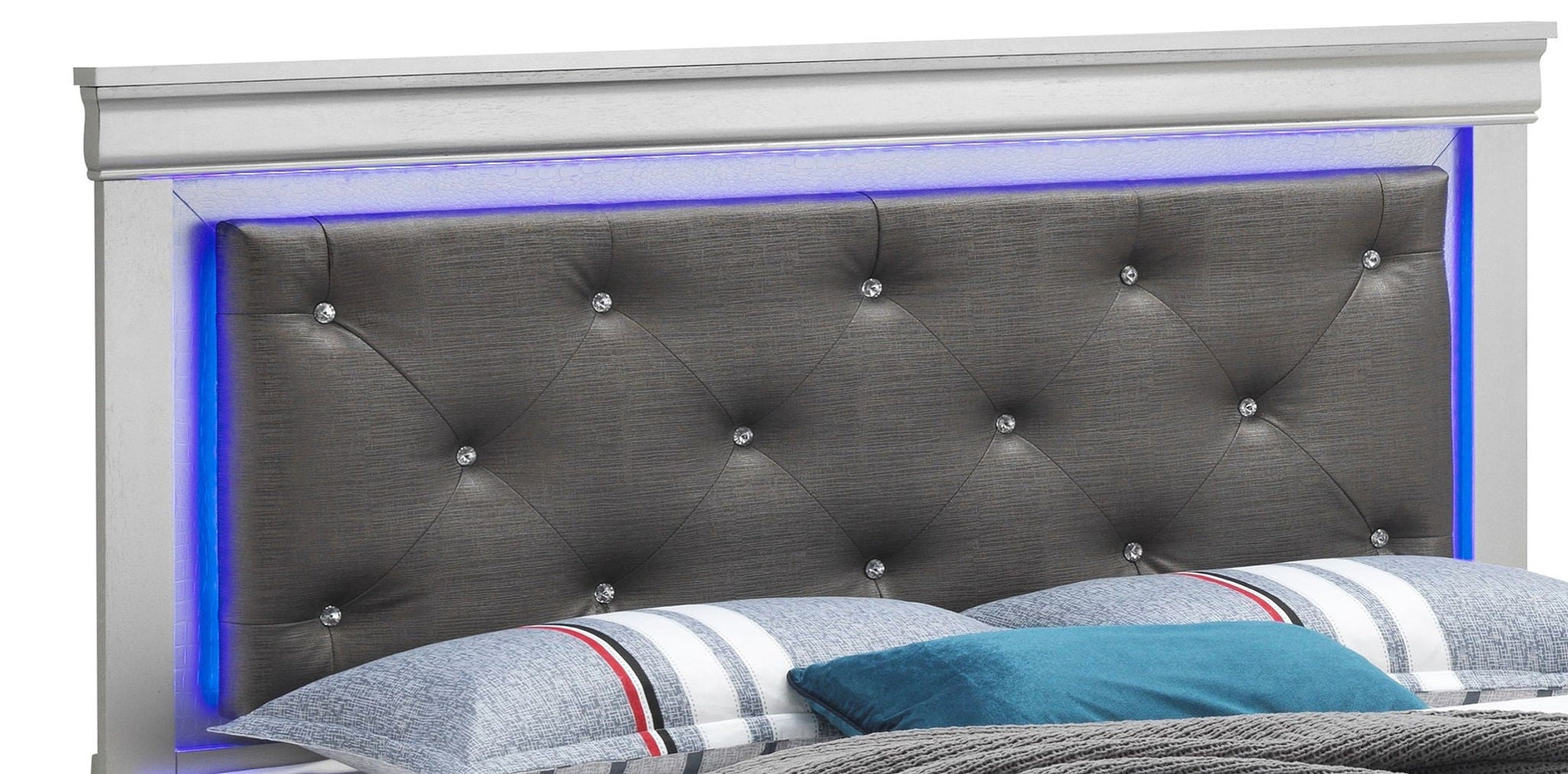 LED Elegant Bed gray upholstered headboard with crystal buttons and blue LED trim HouseOfZazla on Tampa Home & Garden Store