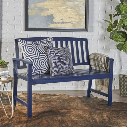 Loja farmhouse outdoor bench navy blue with slatted seat and cushions by HouseOfZazla on Tampa Home & Garden Store