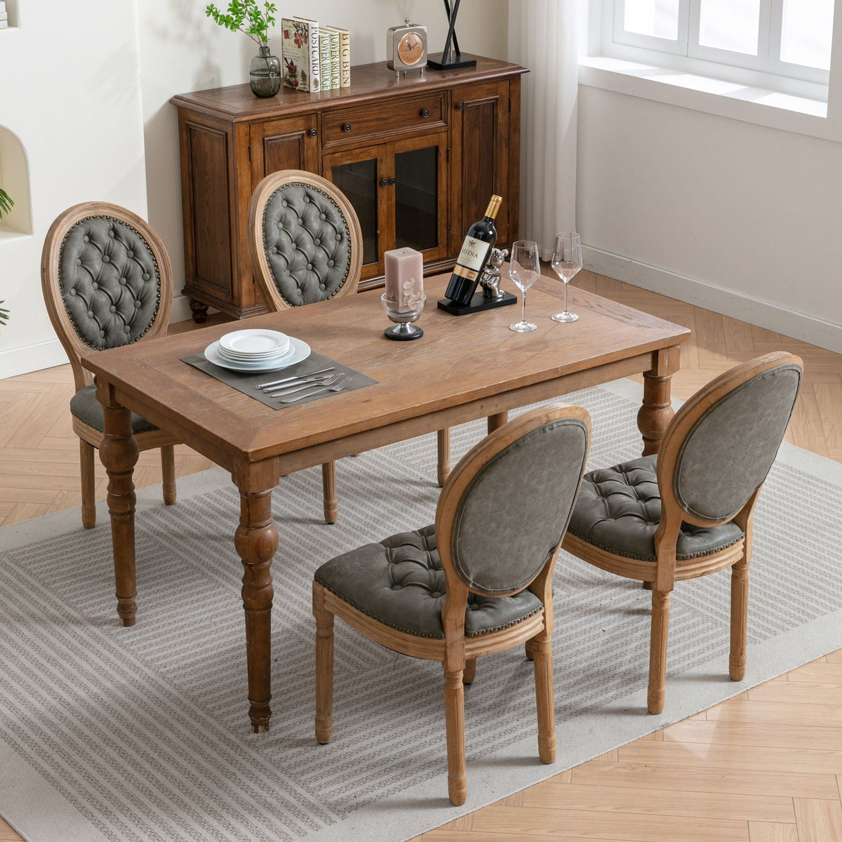 French style wooden dining chairs 4pc with tufted gray upholstery and nailhead trim by HouseOfZazla on Tampa Home & Garden Store