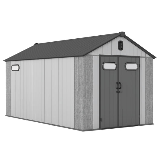 8x16ft resin shed with dark gray roof and gray siding double doors with oval windows on Tampa Home & Garden Store