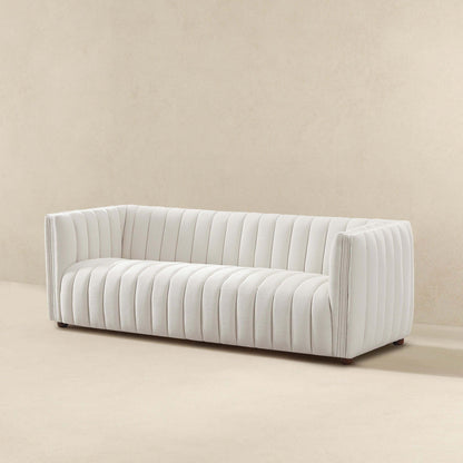 Mid-Century Boucle Sofa beige with tight back, vertical channel tufting by HouseOfZazla on Tampa Home & Garden Store