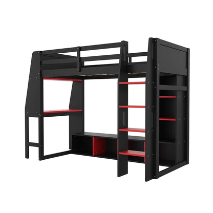 HouseOfZazla gaming loft bed with desk and storage shelves in black with red accents on Tampa Home & Garden Store