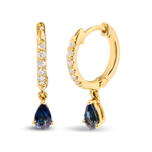 10K yellow gold huggy hoop earrings with diamond accents and pear blue sapphire drops pair on Tampa Home & Garden Store