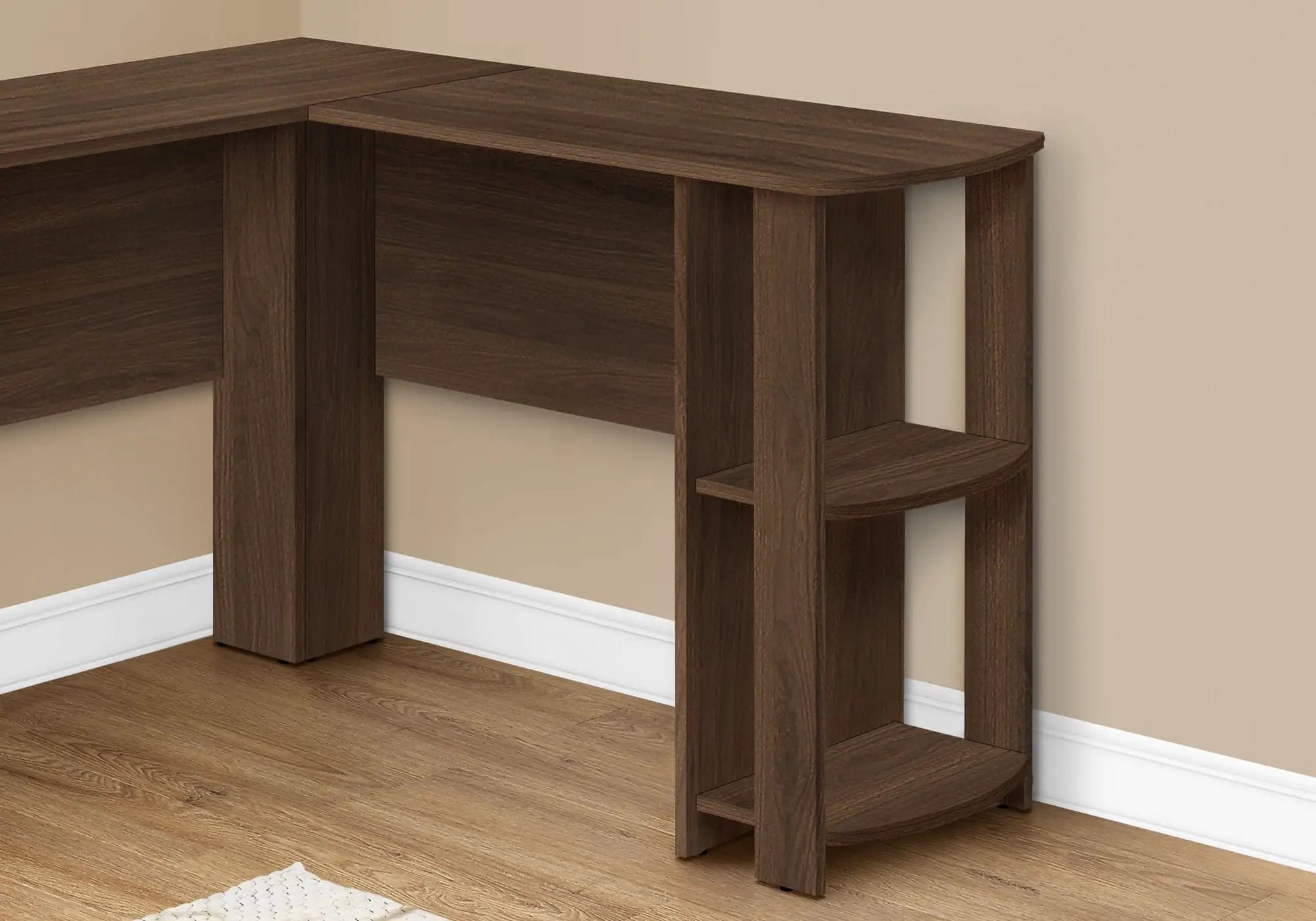 Corner desk in walnut finish with built-in storage shelves, L-shaped design on Tampa Home & Garden Store