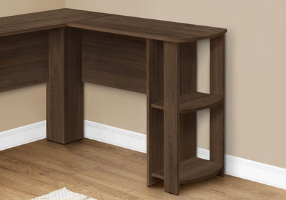 Corner desk in walnut finish with built-in storage shelves, L-shaped design on Tampa Home & Garden Store