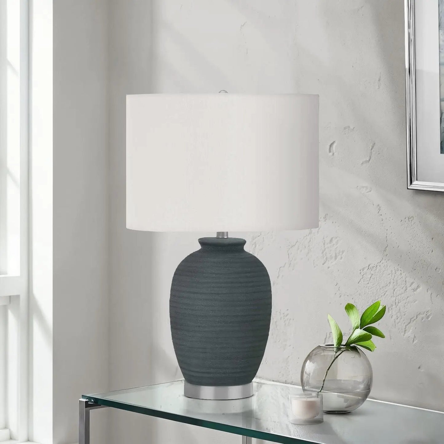 Blue ceramic table lamp with white shade on glass console, by Unique Piece Furniture on Tampa Home & Garden Store