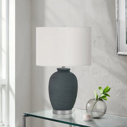 Blue ceramic table lamp with white shade on glass console, by Unique Piece Furniture on Tampa Home & Garden Store