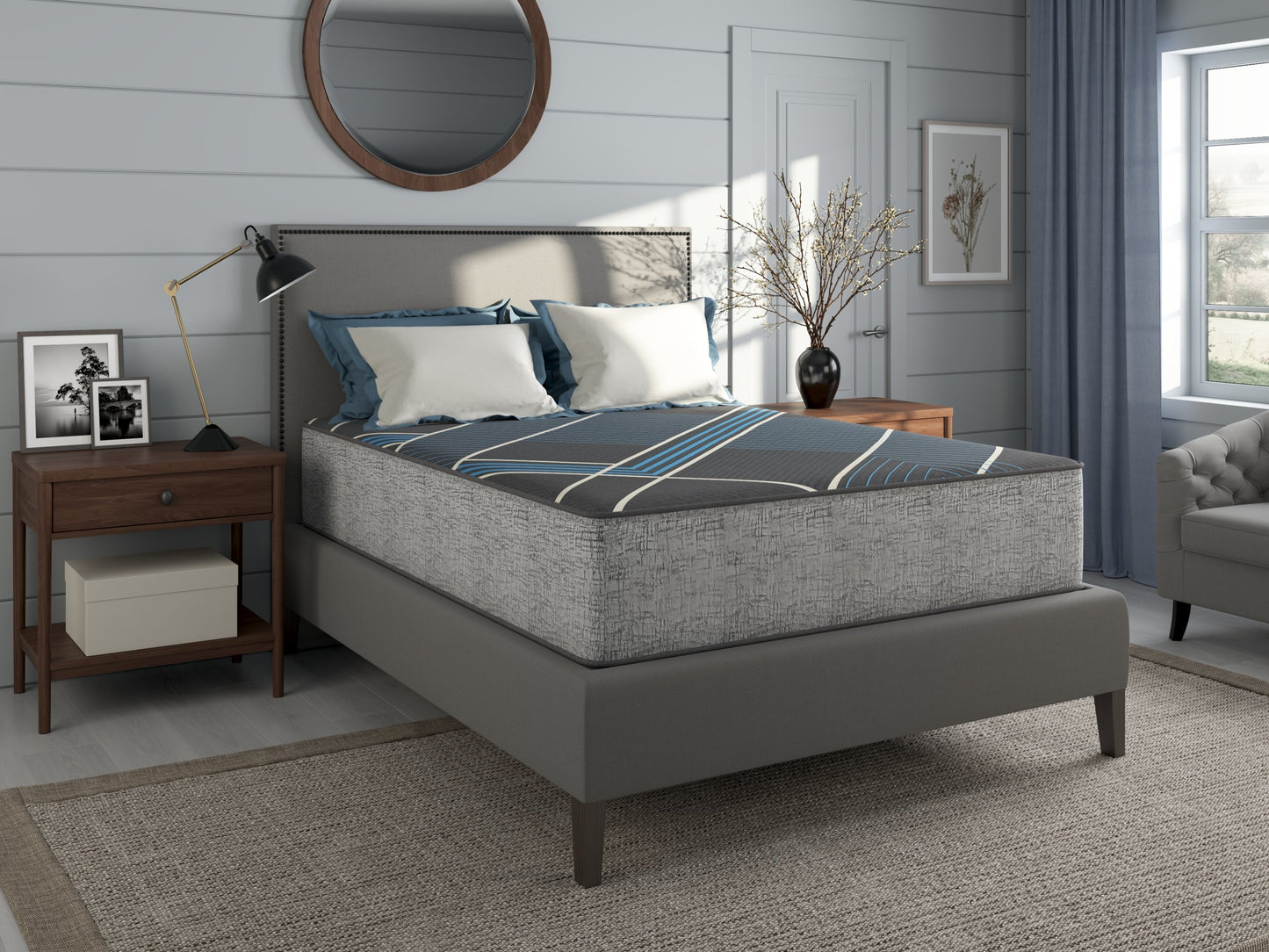 Tempagel plush mattress by Restonic, 13 inch smooth top, gray fabric on Tampa Home & Garden Store