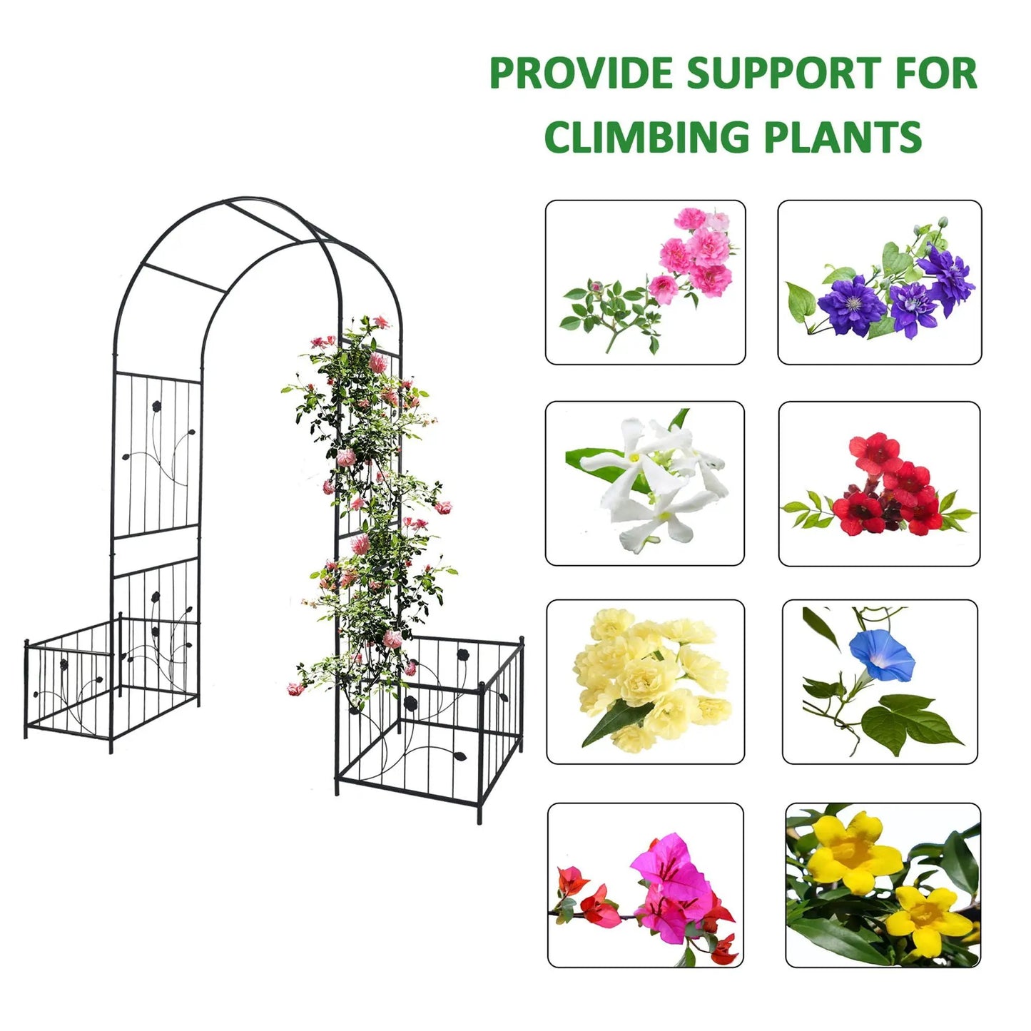 Metal garden arch with two plant stands, black arch for climbing roses, Unique Piece Furniture on Tampa Home & Garden Store