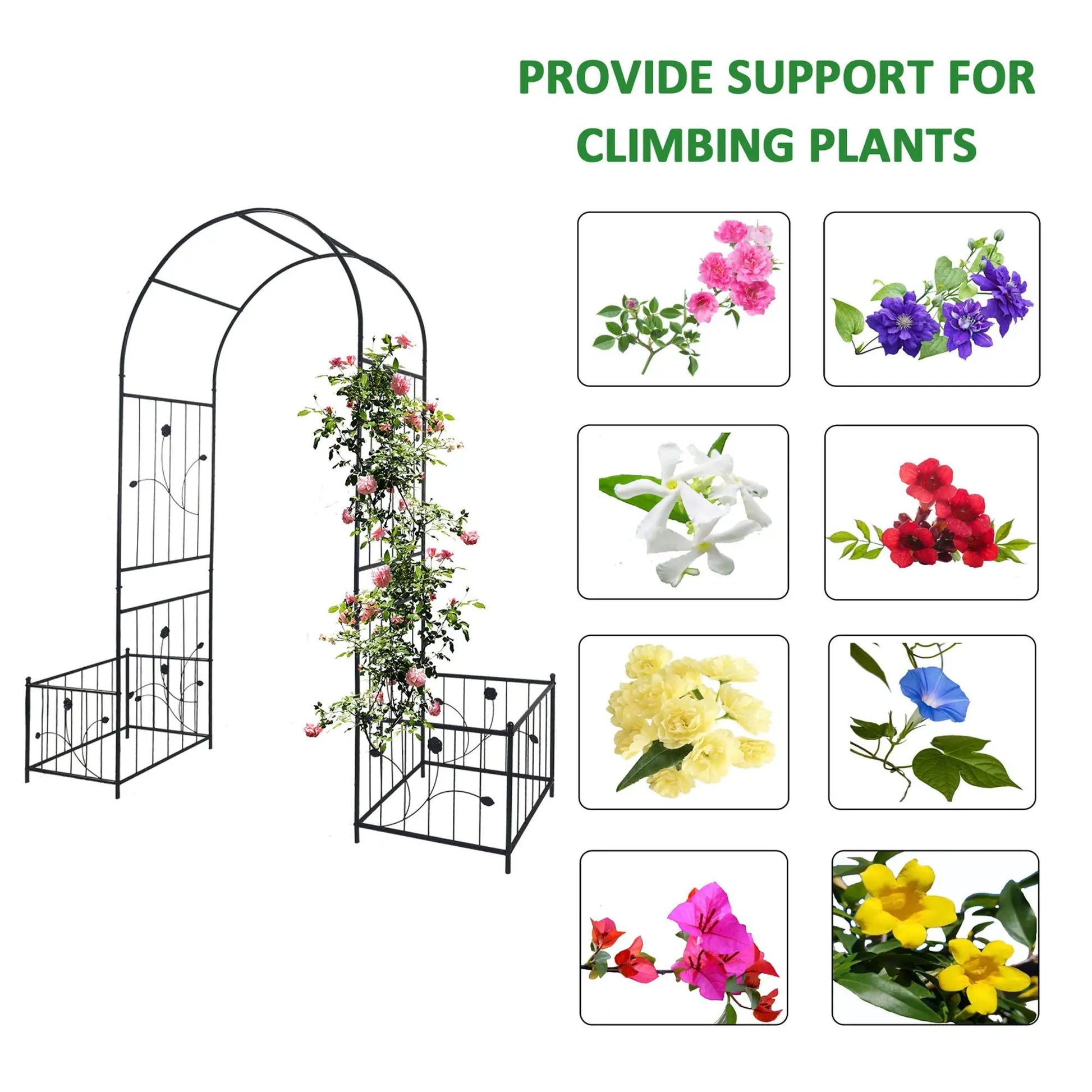Metal garden arch with two plant stands, black arch for climbing roses, Unique Piece Furniture on Tampa Home & Garden Store