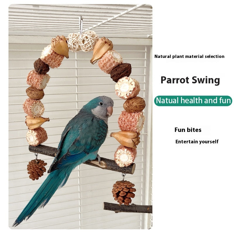 Parrot Swing wooden bead hoop with pinecones; blue-green parrot perched on log bar on Tampa Home & Garden Store