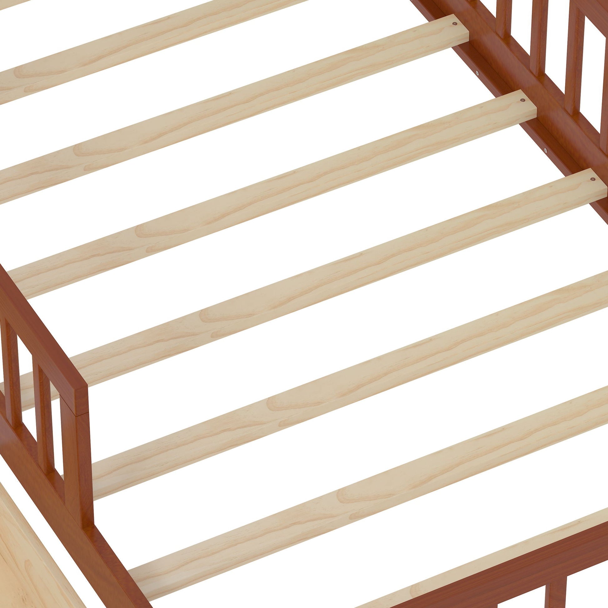 Bed frame with natural pine slats and reddish-brown rails, close view of slat foundation on Tampa Home & Garden Store